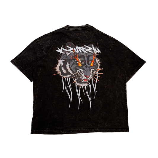 Back view of a black acid washed t-shirt with a tiger on fire design and white lettering reading “KINSANE” 