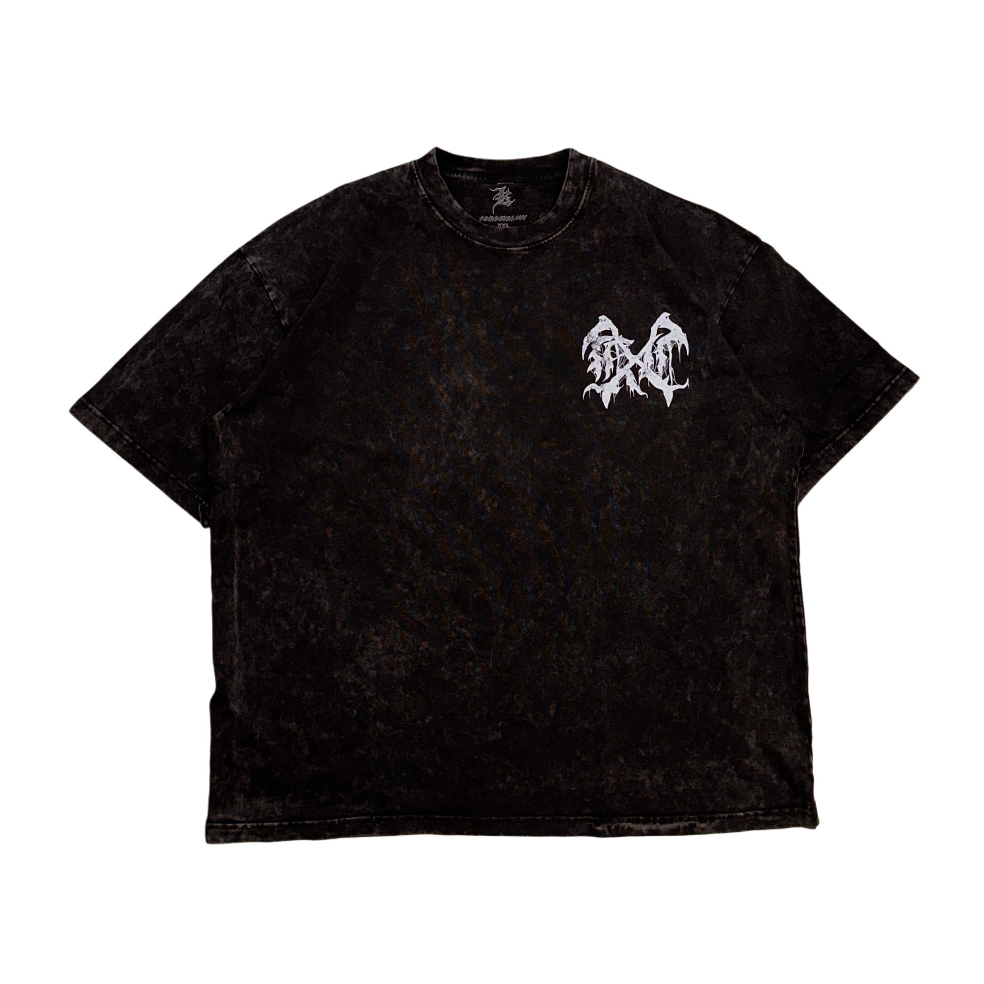 Black acid washed t-shirt with white logo on the front 
