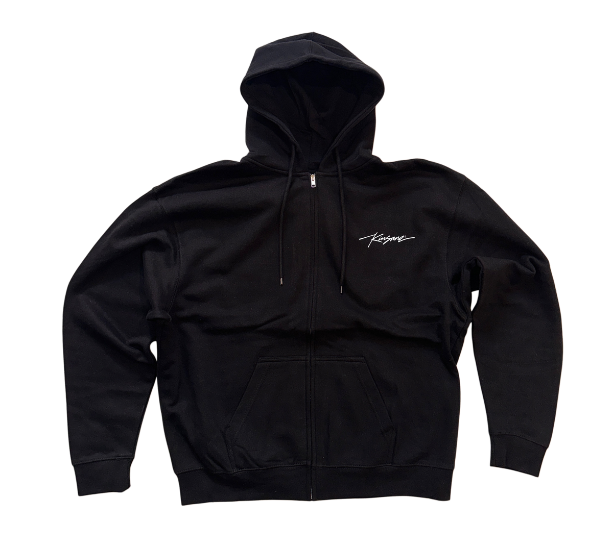 Black zip up hoodie with small white cursive text on the right side reading “Kinsane ®️”