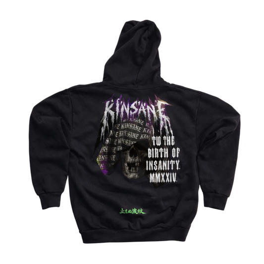Back view of a black hoodie with a multi colorful logo of a skull and white lettering reading “KINSANE” and “TO THE BIRTH OF INSANITY. MMXXIV” and green Japanese text translating to “THE RIPPLE THAT CAN NOT BE STOPPED”