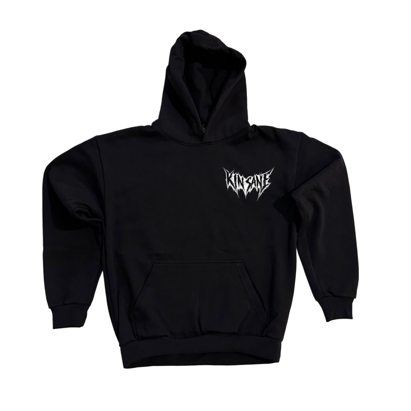 Black hoodie with white lettering on the front reading “KINSANE” 