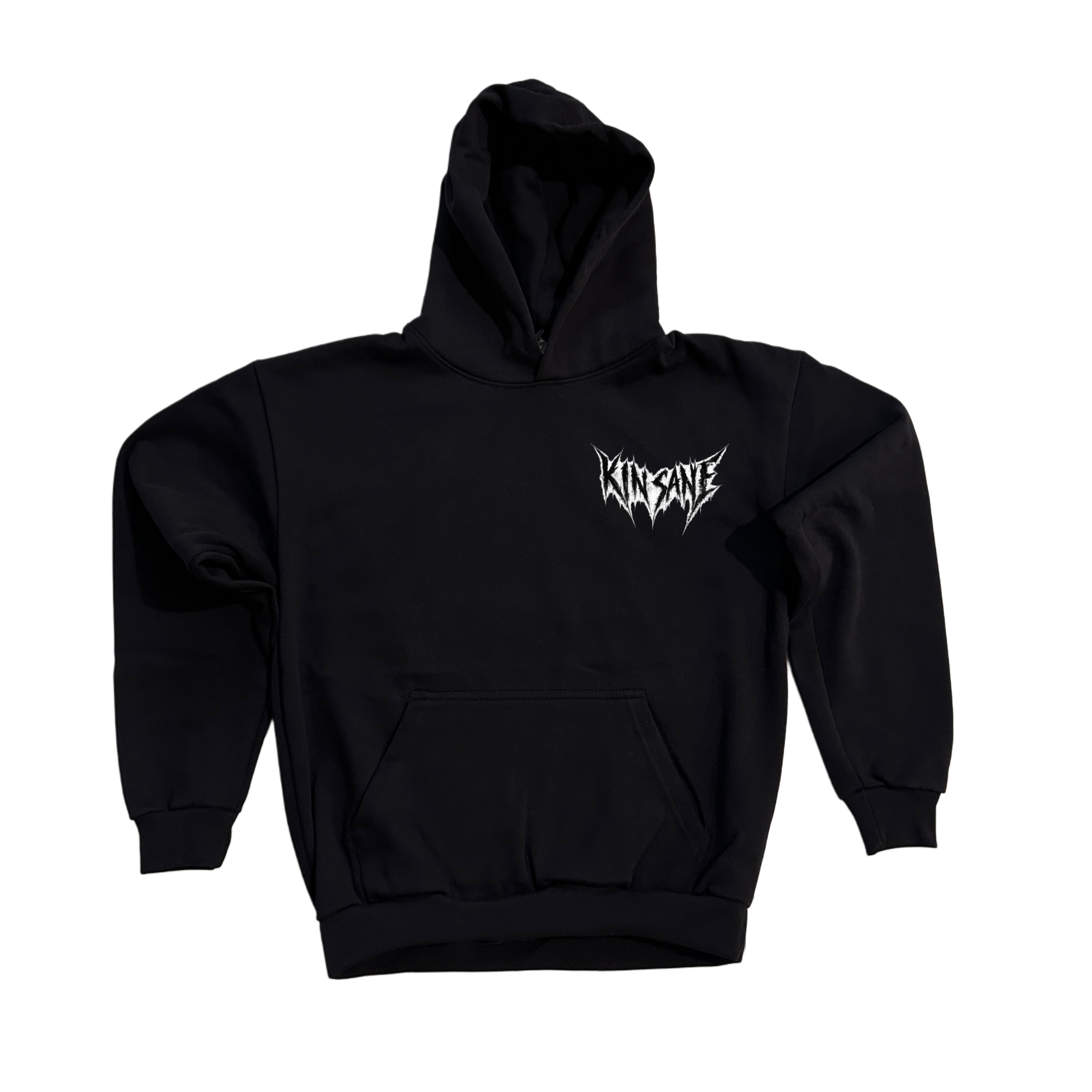 Black hoodie with white lettering on the front reading “KINSANE” 