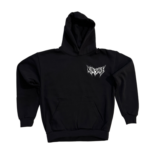 Black hoodie with white lettering on the front reading “KINSANE” 