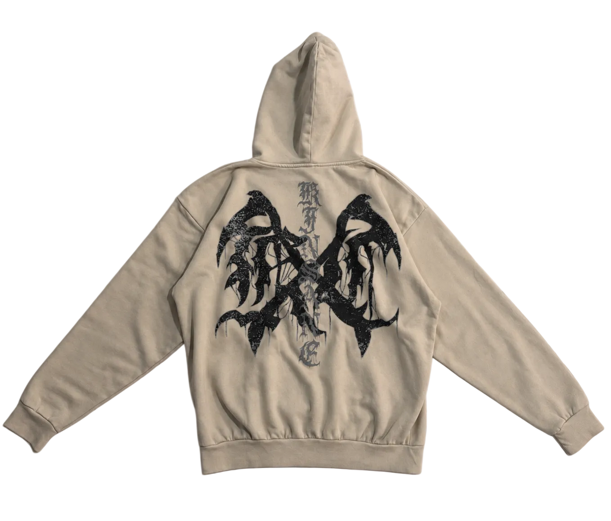 Back view of a tan hoodie with black logo and silver lettering reading “KINSANE” 