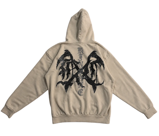 Back view of a tan hoodie with black logo and silver lettering reading “KINSANE” 
