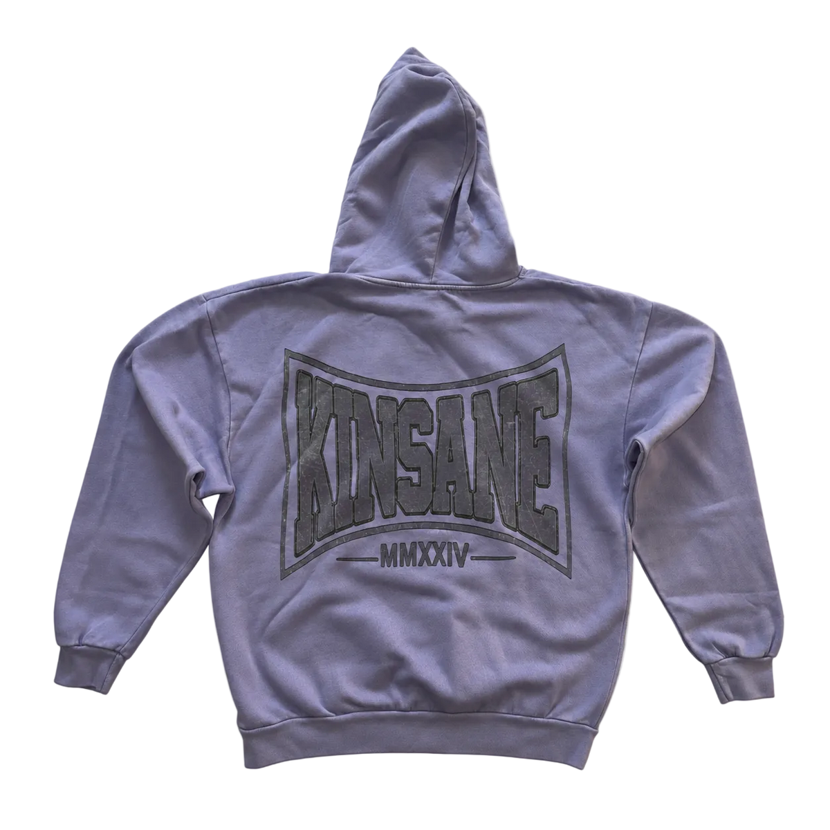 Back view of a light blue hoodie with a gray logo and text reading “KINSANE MMXXIV” i