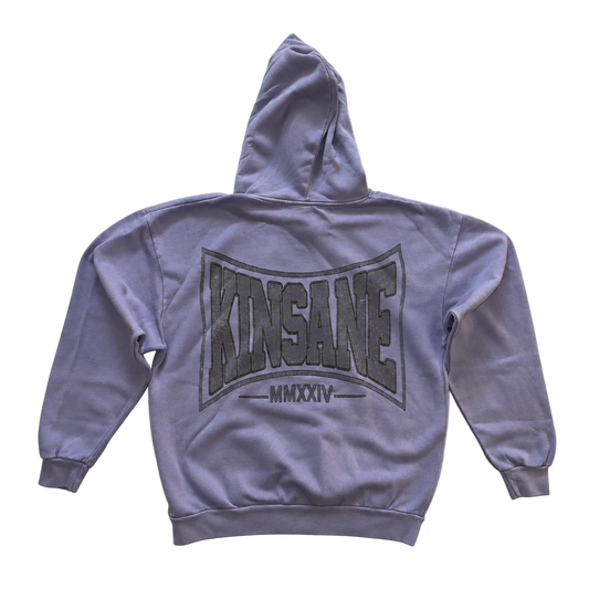 Back view of a light blue hoodie with a gray logo and text reading “KINSANE MMXXIV” i