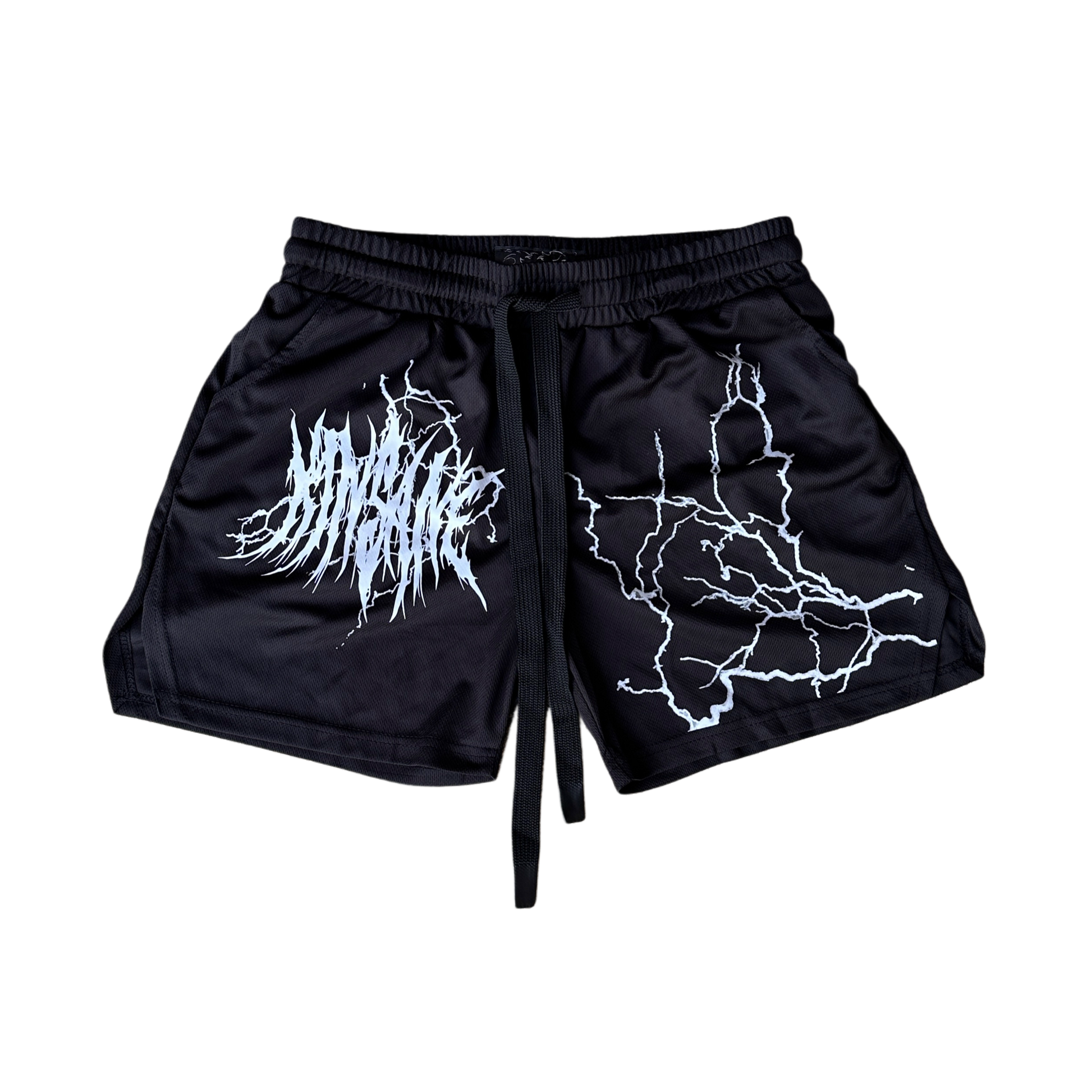 Black athletic shorts with elastic waistband and black drawstrings and lightning designs on each leg with white tribal lettering reading “KINSANE” on the right leg 