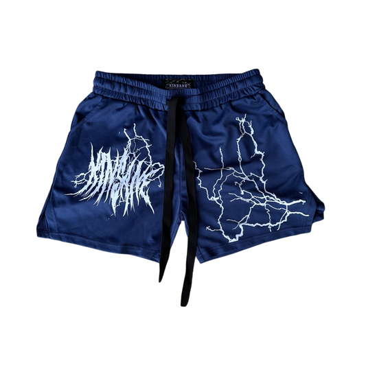 Navy blue athletic shorts with elastic waistband and black drawstrings and lightning designs on each leg with white tribal lettering reading “KINSANE” on the right leg 