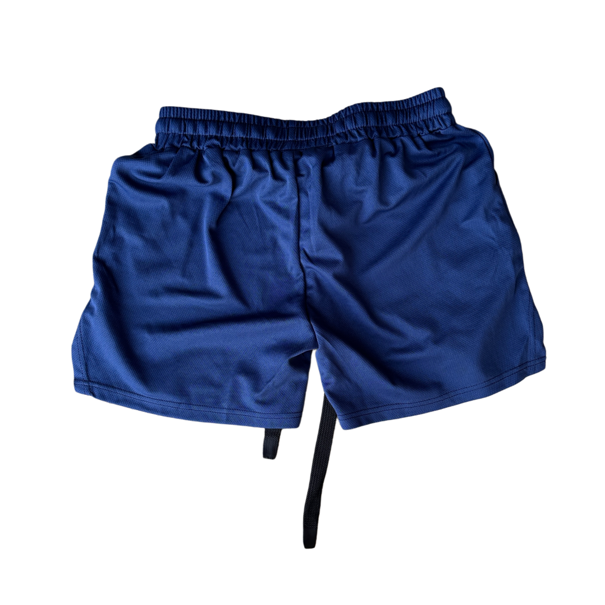 Back view of navy blue athletic shorts with elastic waistband and black drawstrings 