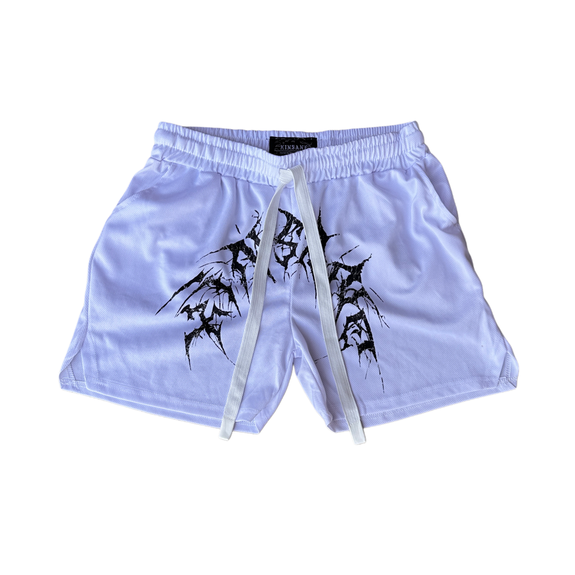 White athletic shorts with elastic waistband and white drawstrings with black tribal lettering reading “KINSANE” across the middle 