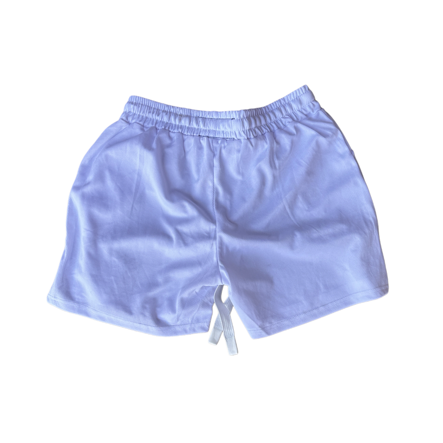 Back view of white athletic shorts with elastic waistband and white drawstrings 