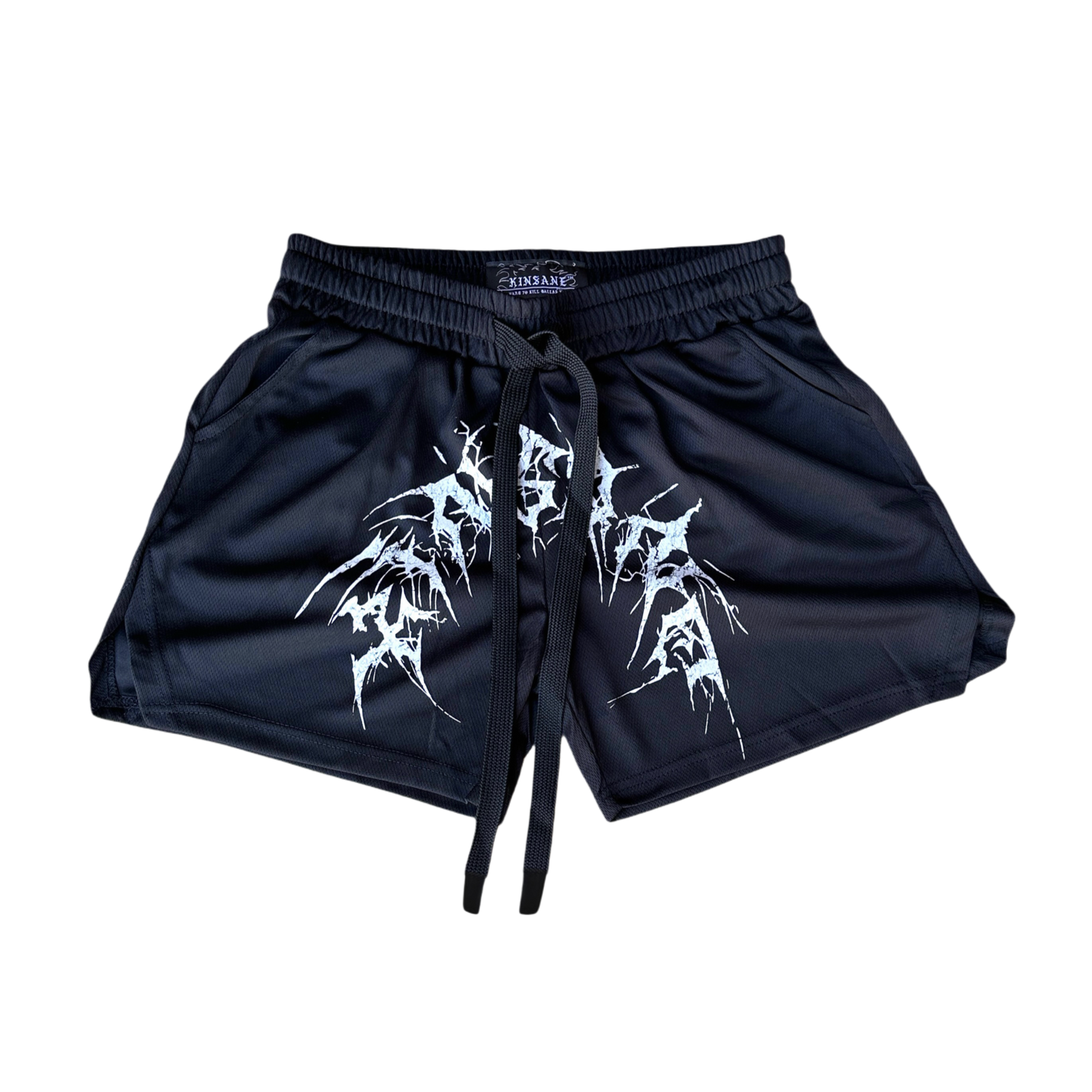 Black athletic shirts with elastic waistband and black drawstrings with white tribal lettering reading “KINSANE” across the middle 