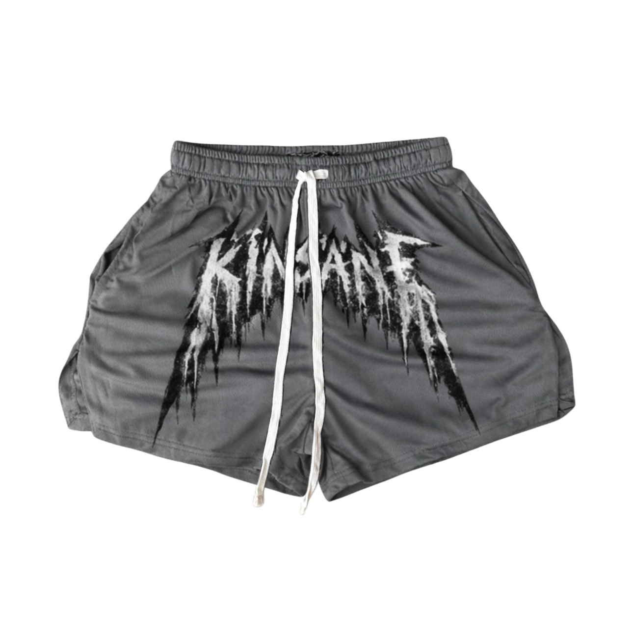 Grey athletic shorts with white drawstrings and white lettering across the middle reading “KINSANE” 