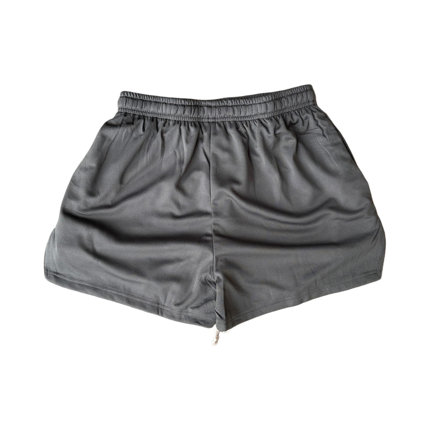 Back view of plain gray athletic shorts 