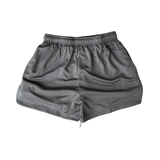 Back view of plain gray athletic shorts 