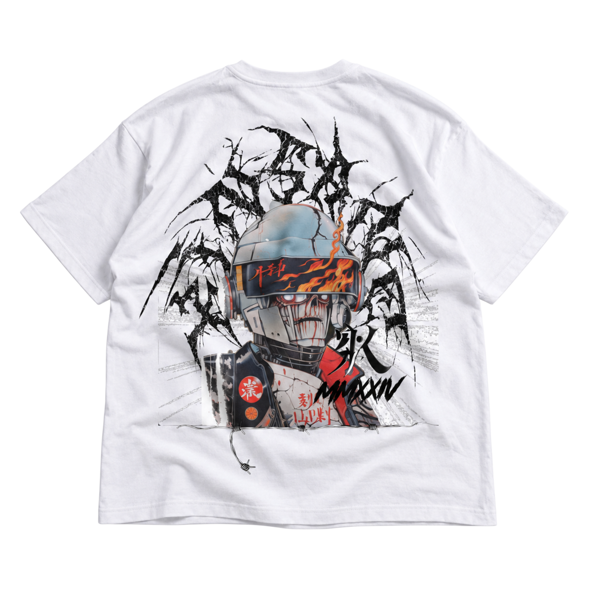 Back view of a white t shirt with a multi color design of a person with helmet gear on with cracks and flames on it and black lettering behind it reading “KINSANE” and other black lettering reading “MMXXIV” and a black K logo with barbed wire at the bottom 