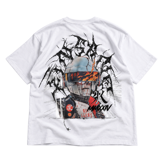 Back view of a white t shirt with a multi color design of a person with helmet gear on with cracks and flames on it and black lettering behind it reading “KINSANE” and other black lettering reading “MMXXIV” and a black K logo with barbed wire at the bottom 