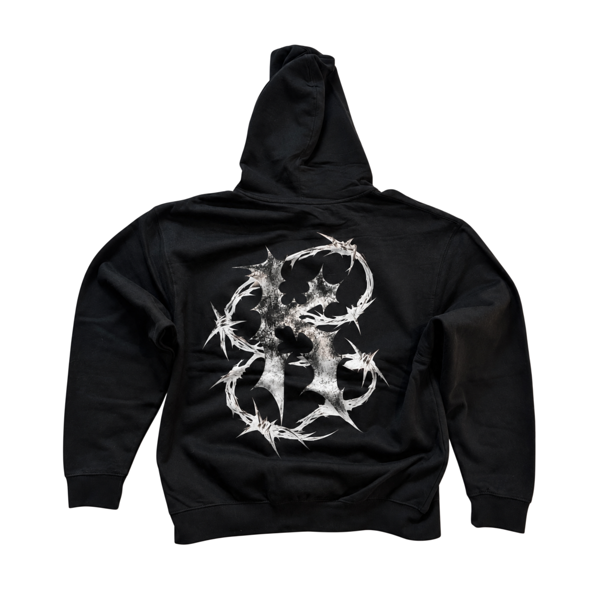 Back view of a black hoodie with white barbed wire “K” design 