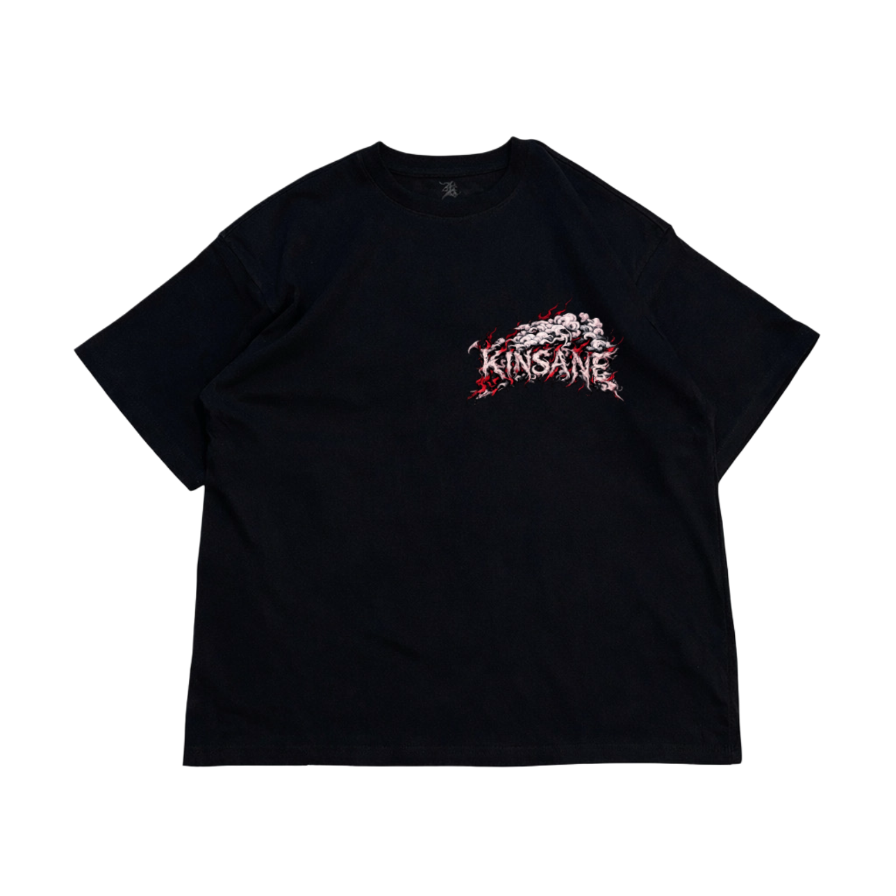 Black T-shirt with white lettering reading “KINSANE” surrounded by red flames and white Japanese style smoke 
