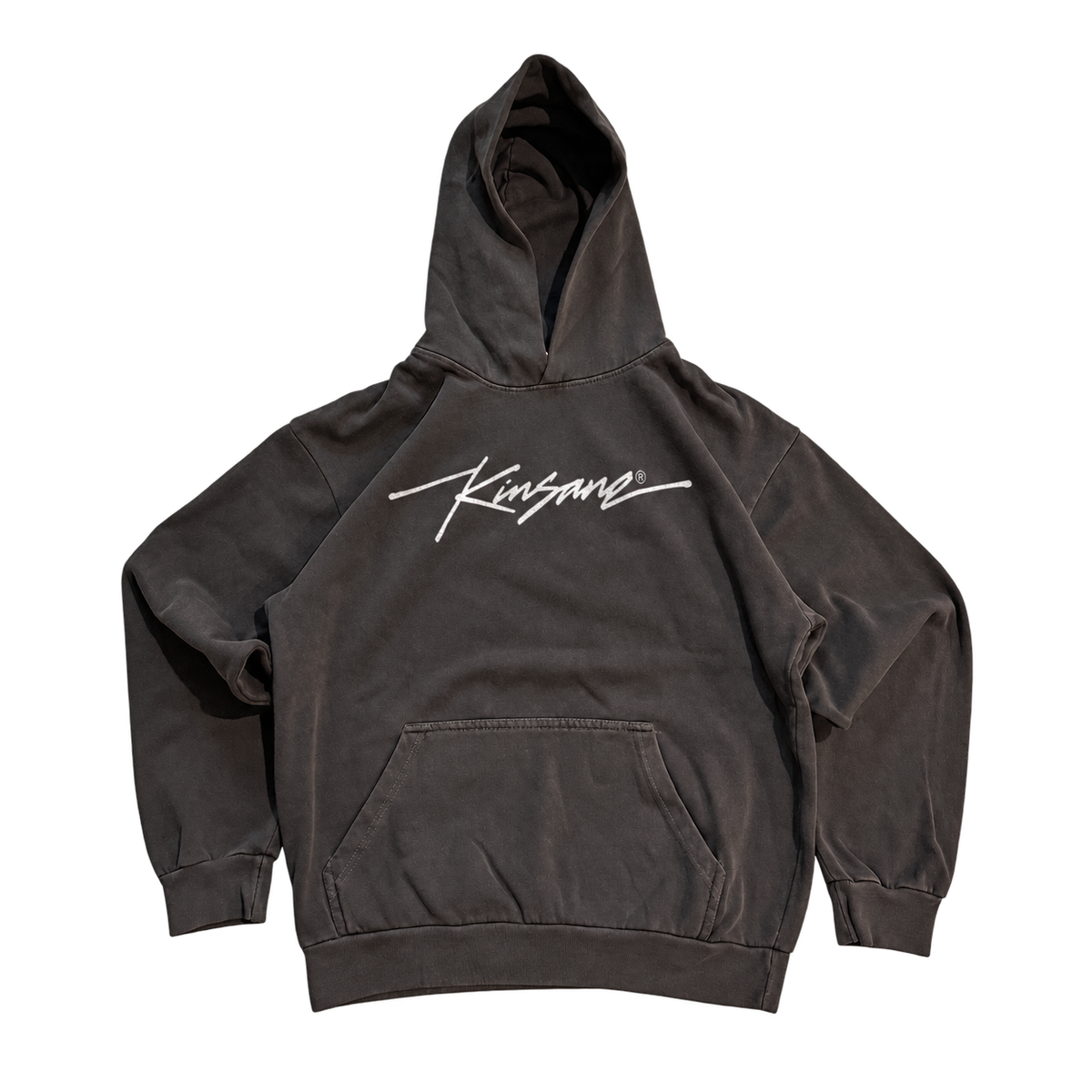 Gray hoodie with white cursive text on the front reading “KINSANE®️”