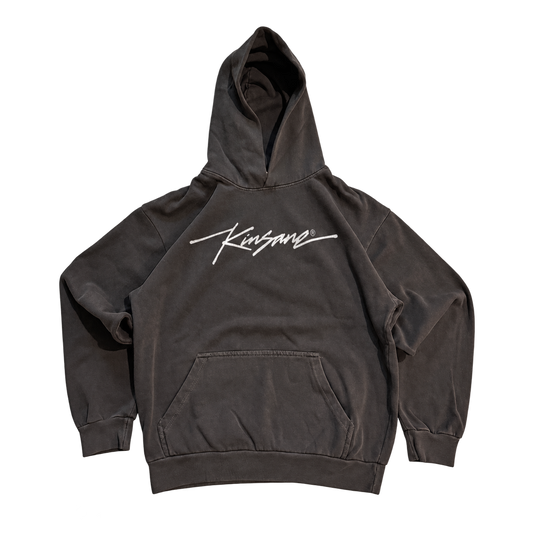 Gray hoodie with white cursive text on the front reading “KINSANE®️”