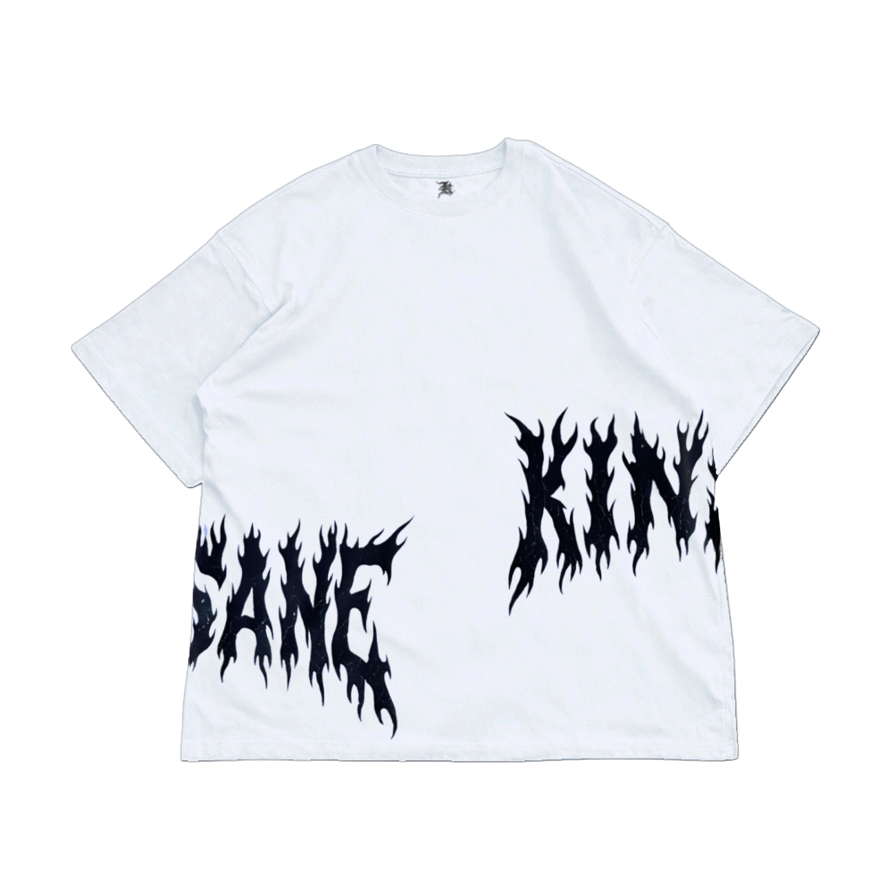 White T-shirt with black flamed lettering on the sides reading “KIN” and “SANE” 