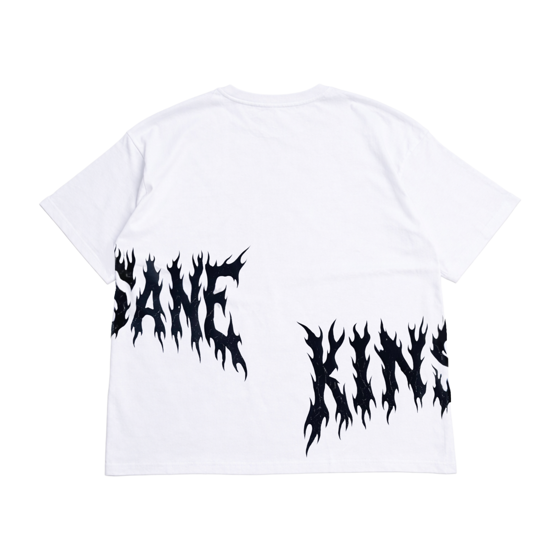 Back view of a White T-shirt with black flamed lettering on the sides reading “KIN” and “SANE” 