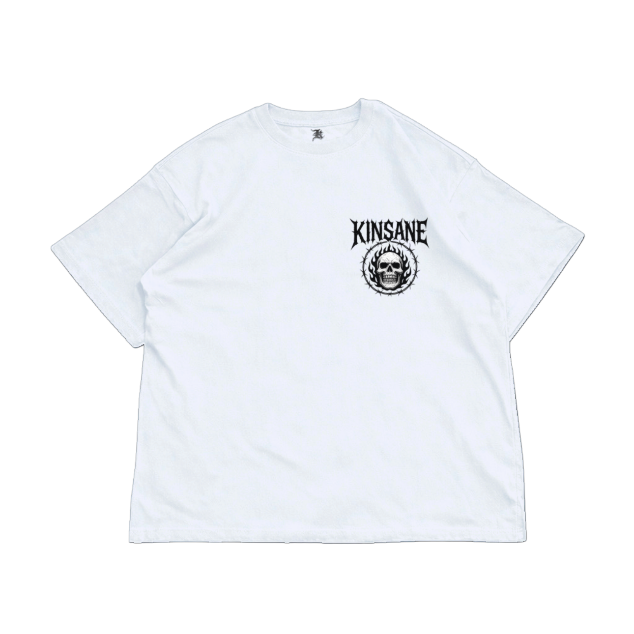 White T-shirt with black skull logo and black lettering reading “KINSANE” 