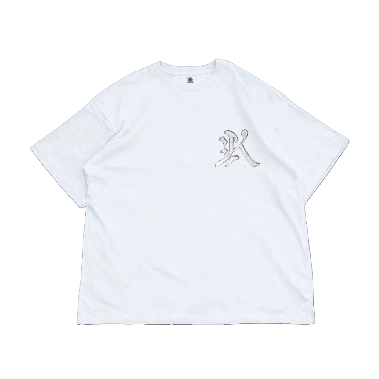 White T-shirt with silver logo in the letter “K”