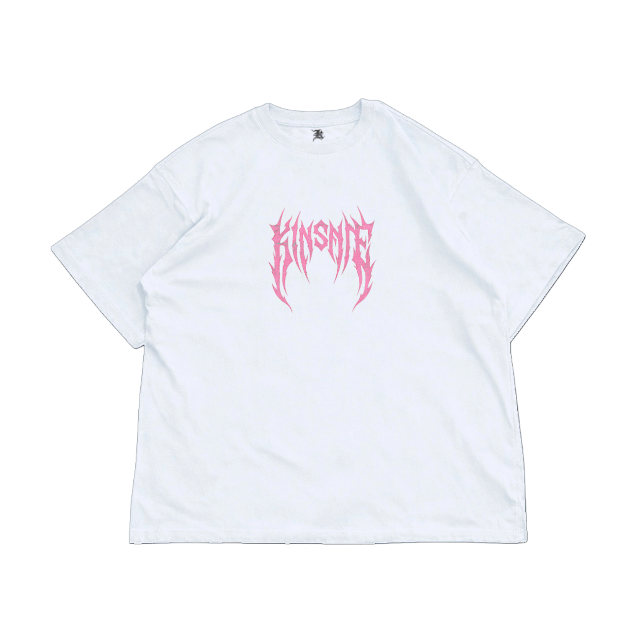 white t-shirt with pink text on the front reading "KINSANE" 