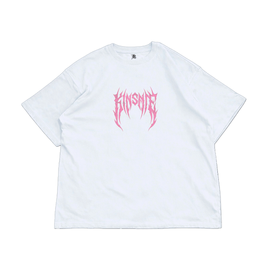 white t-shirt with pink text on the front reading "KINSANE" 