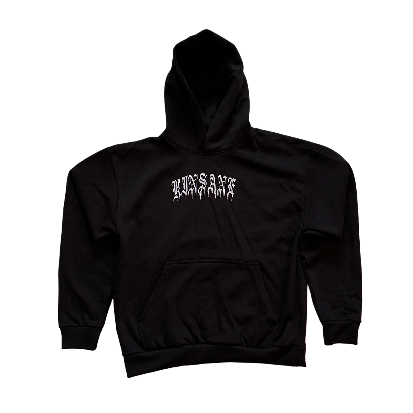 Black hoodie with white lettering reading “KINSANE” 