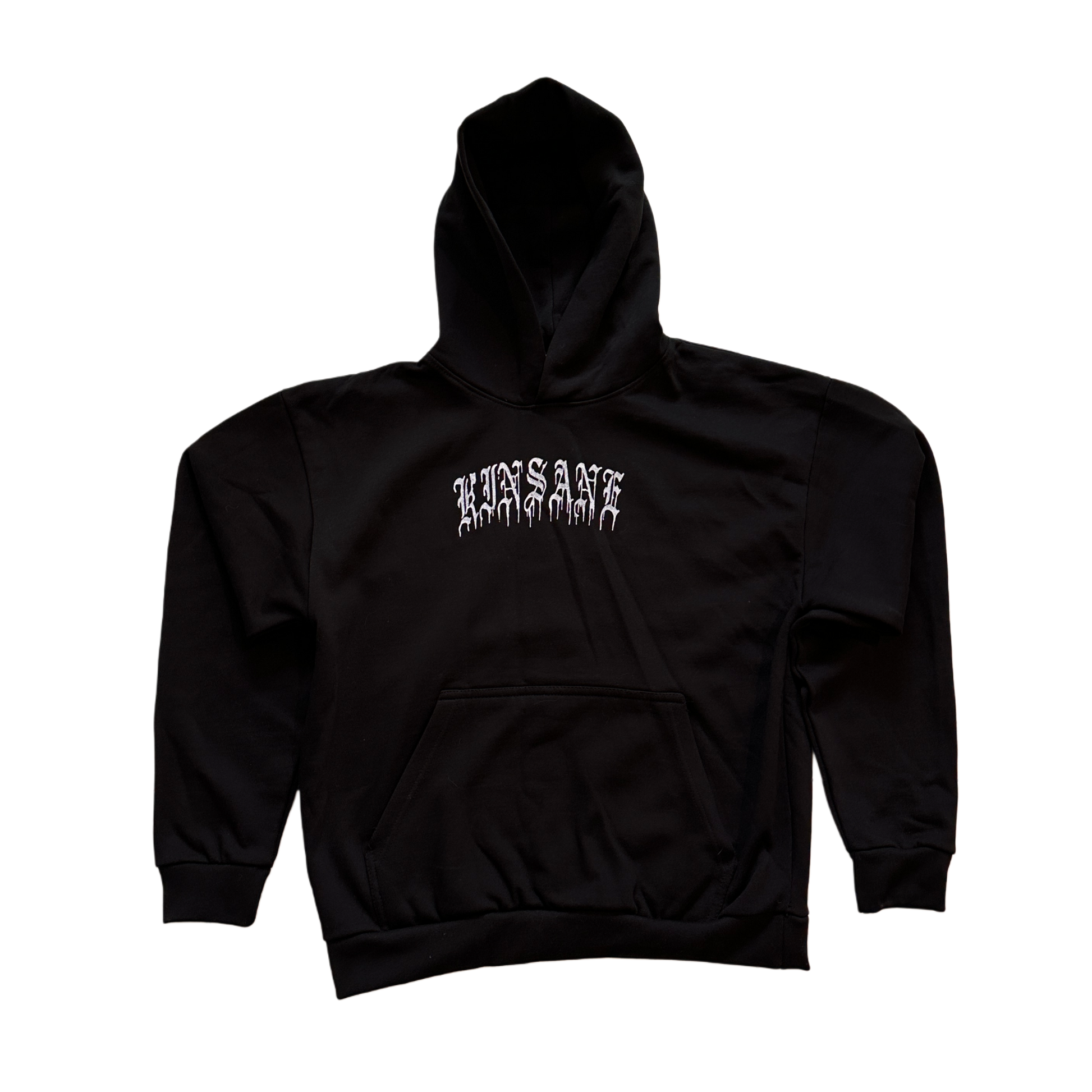 Black hoodie with white lettering reading “KINSANE” 