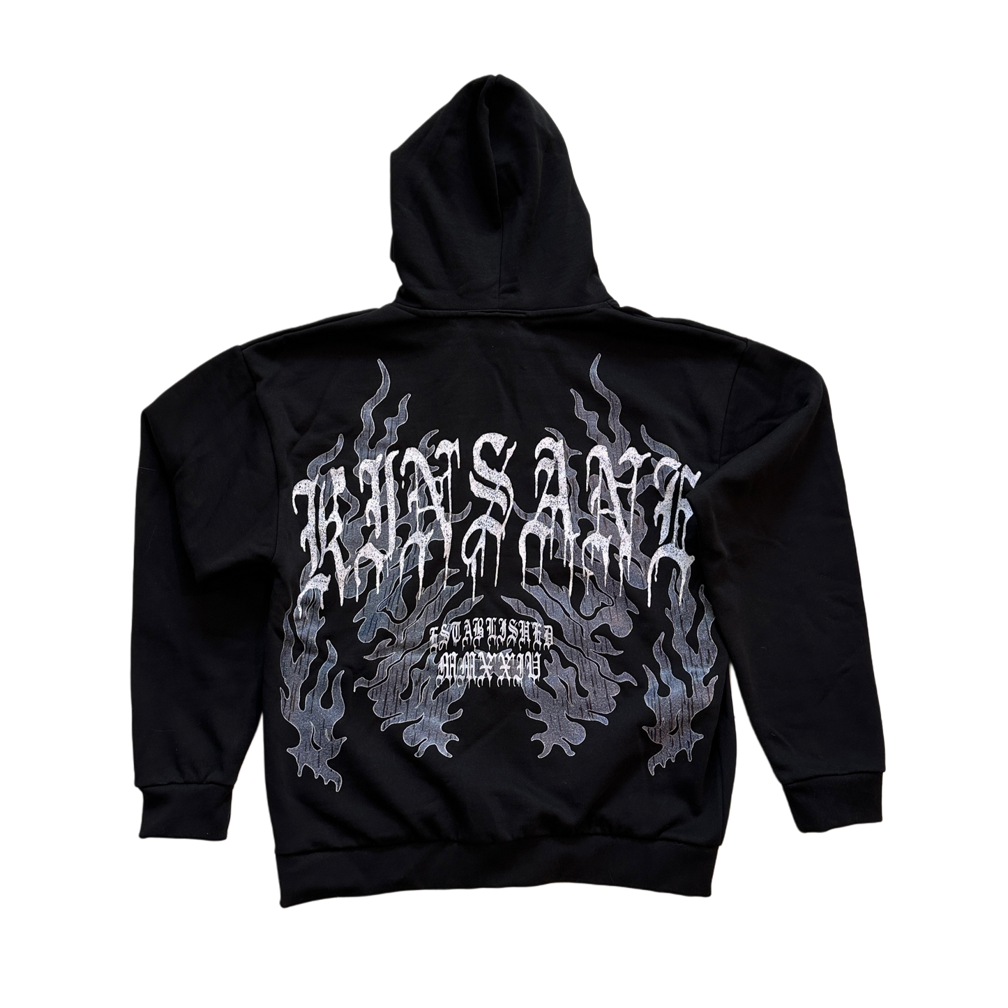 Back view of a black hoodie with grey blue flames and white text reading “KINSANE ESTABLISHED MMXXIV” 