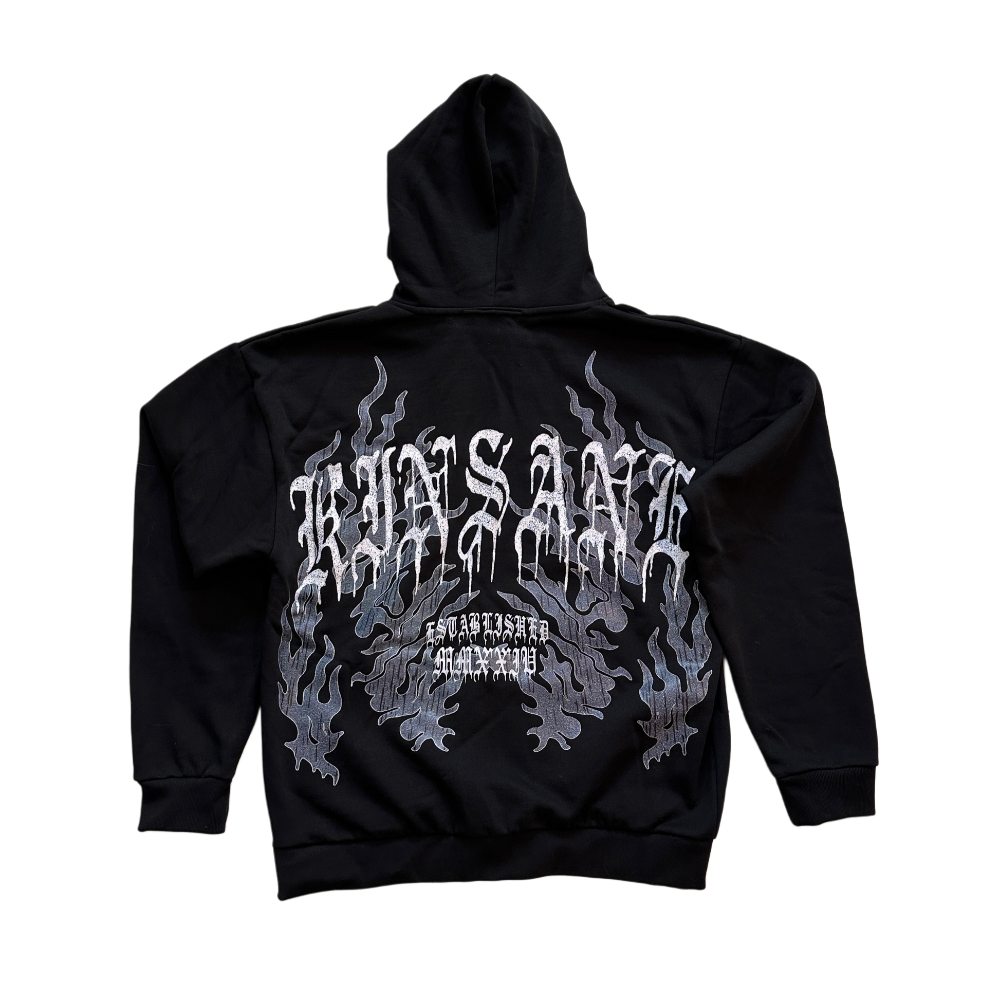 Back view of a black hoodie with grey blue flames and white text reading “KINSANE ESTABLISHED MMXXIV” 