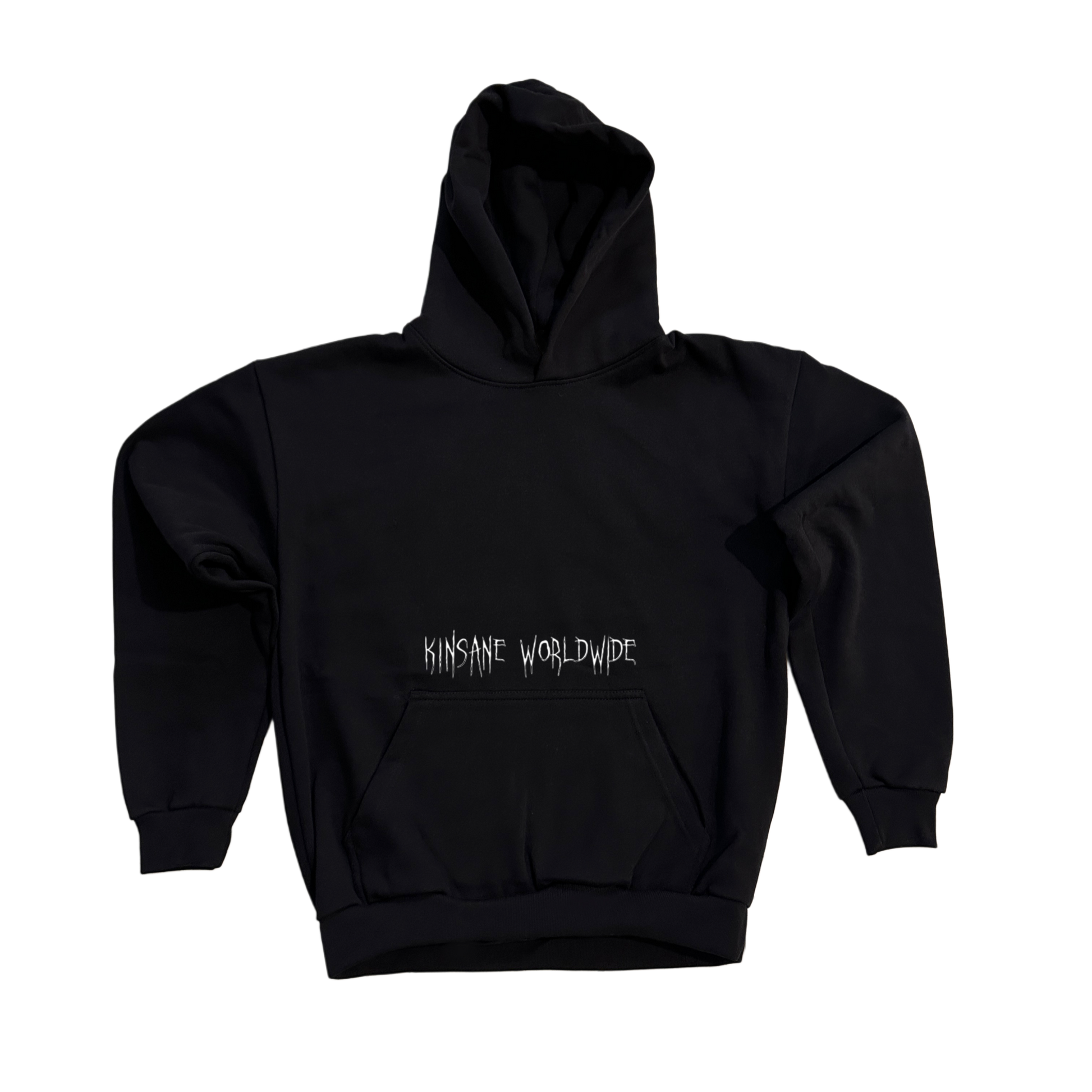 Black hoodie with silver text reading “KINSANE WORLDWIDE” 