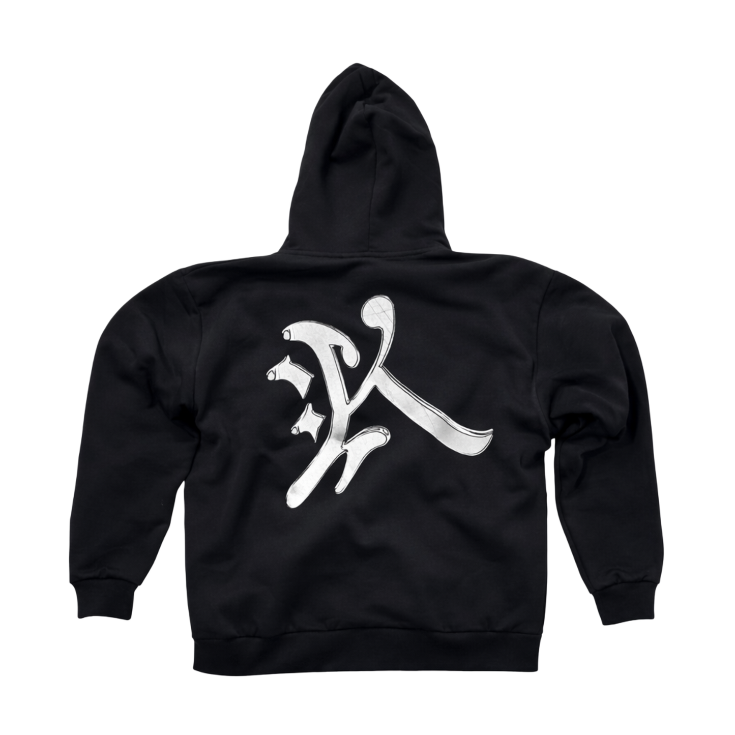 Back view of a black hoodie with a silver letter “K” logo 