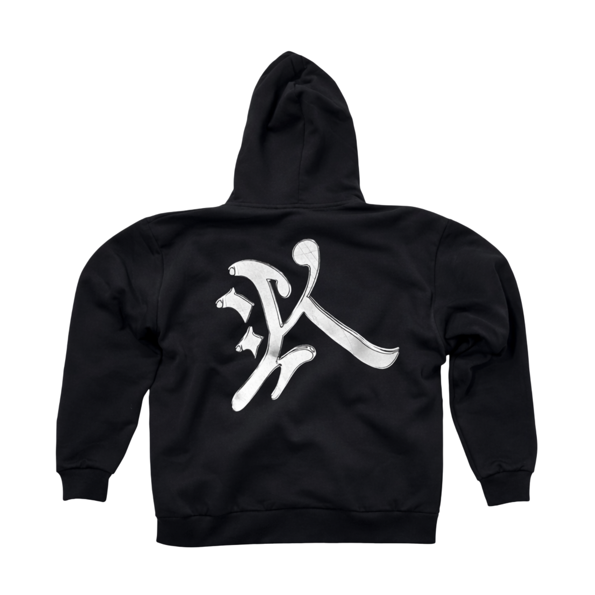 Back view of a black hoodie with a silver letter “K” logo 