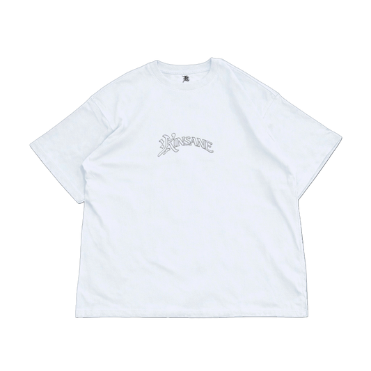 White t shirt with the black outlined lettering reading “KINSANE” 