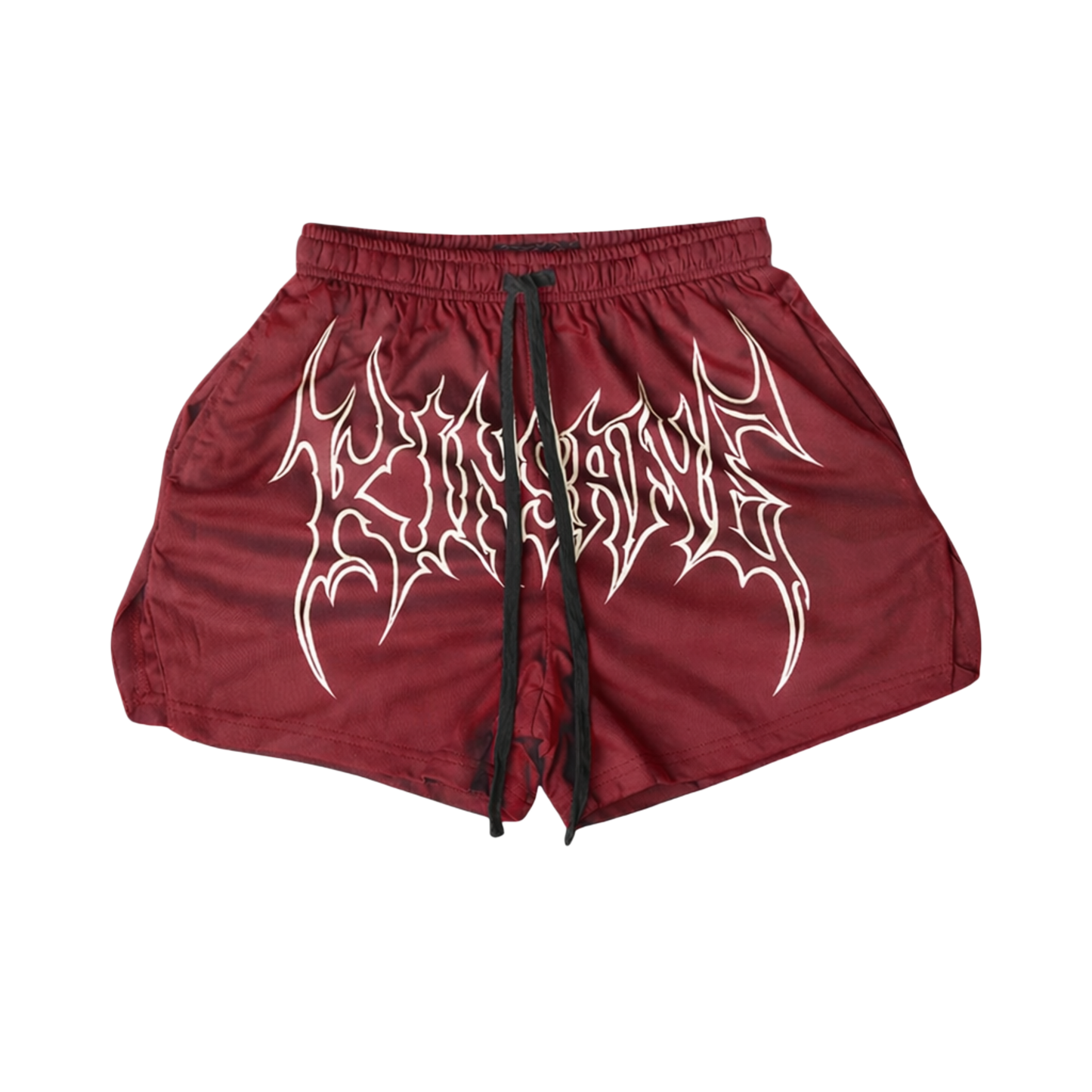 Maroon athletic shorts with black drawstrings and white outlined lettering across the front reading “KINSANE” 