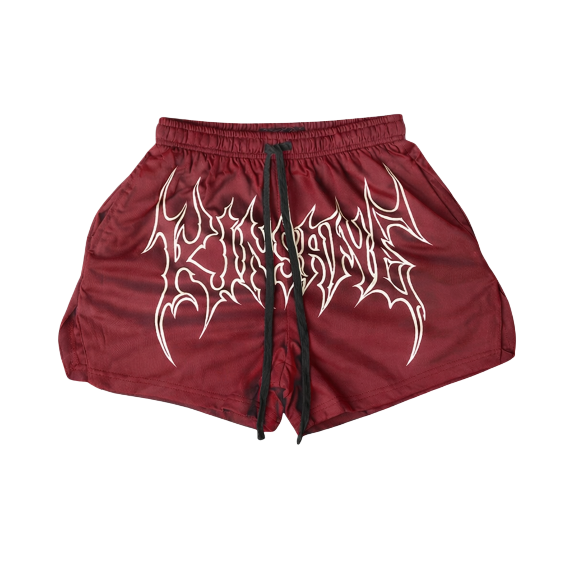 Maroon athletic shorts with black drawstrings and white outlined lettering across the front reading “KINSANE” 