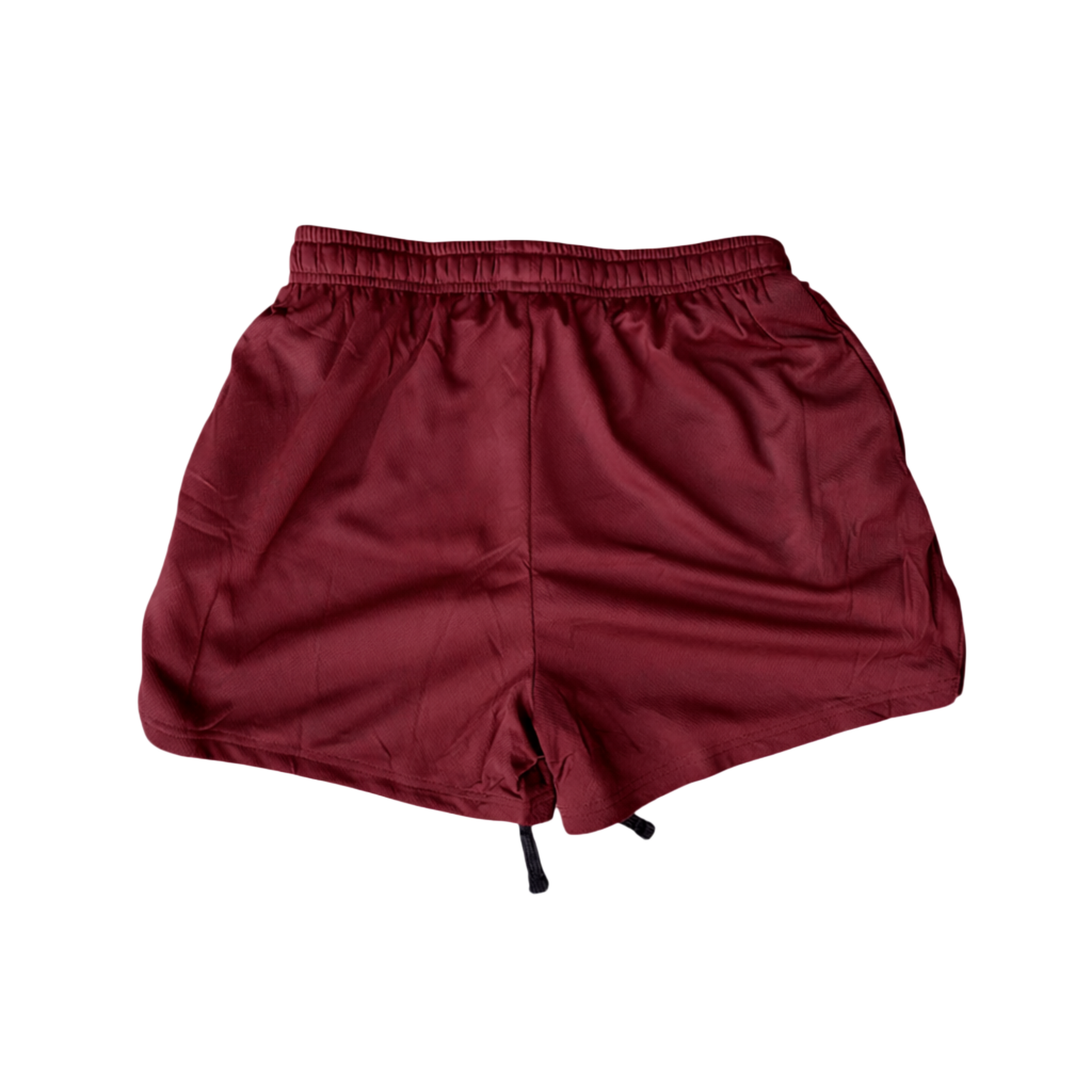 Back view of plain maroon athletic shorts with black drawstrings 
