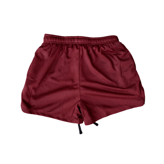 Back view of plain maroon athletic shorts with black drawstrings 