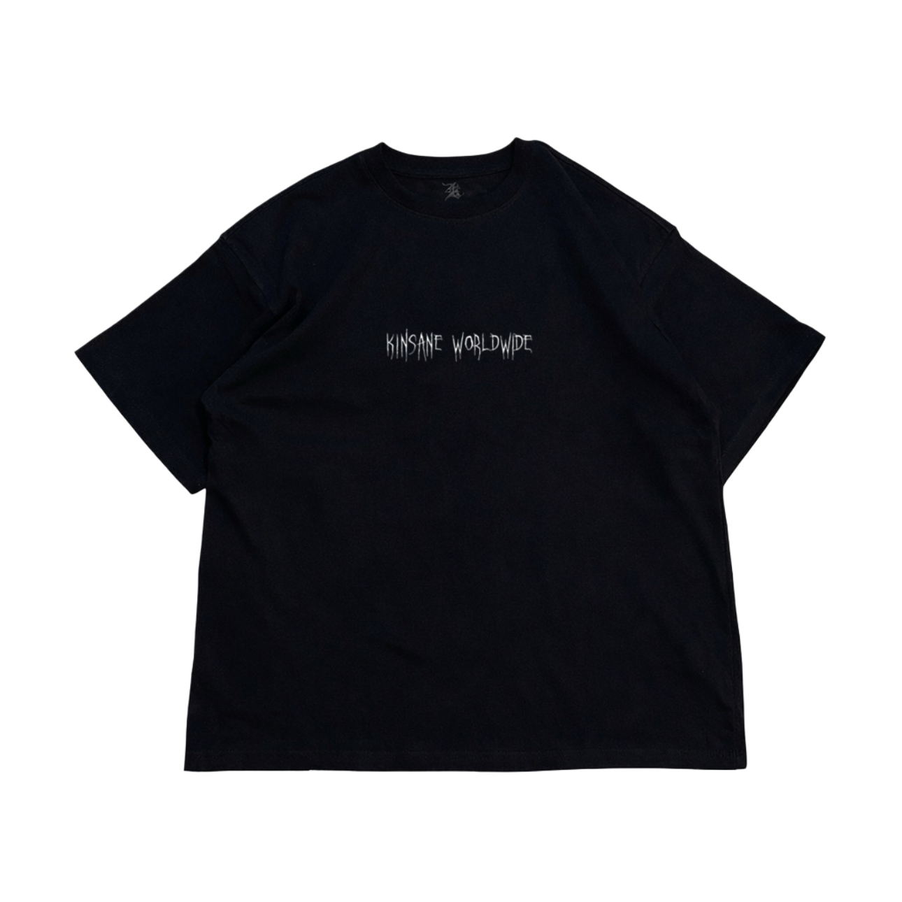Black T-shirt with white text on front reading “KINSANE WORLDWIDE” 