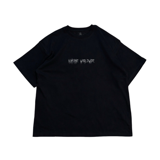 Black T-shirt with white text on front reading “KINSANE WORLDWIDE” 