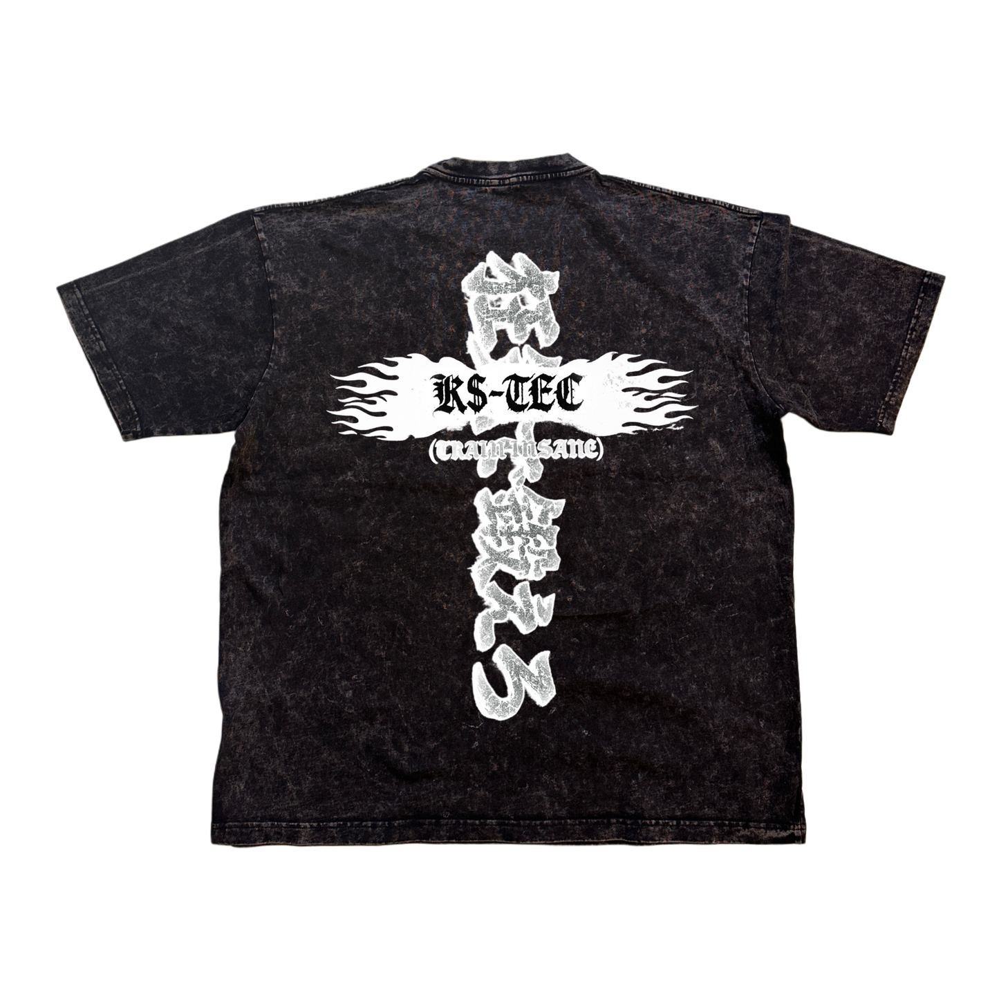 Back view of a black acid washed t shirt with white logo on the back with white flames and black lettering reading “KS-TEC” and “(TRAIN INSANE)” and white Japanese lettering translating to “TRAIN INSANE” 