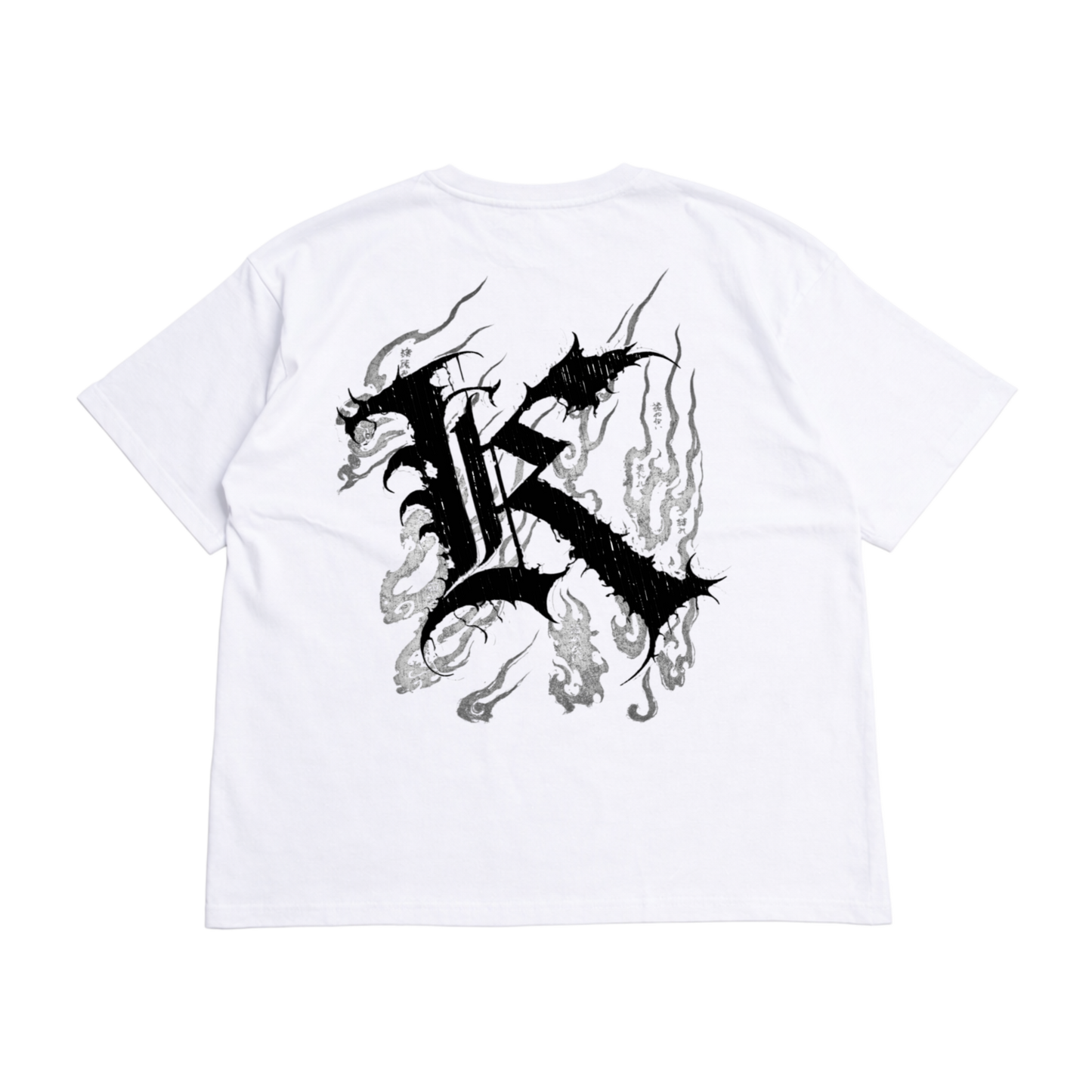 Back view of a white T-shirt with a black logo displaying black Japanese style flames and a black letter “K” and various Japanese text and black text reading “ROCK BOTTOM IS OUR RESURRECTION. TRAIN INSANE” 