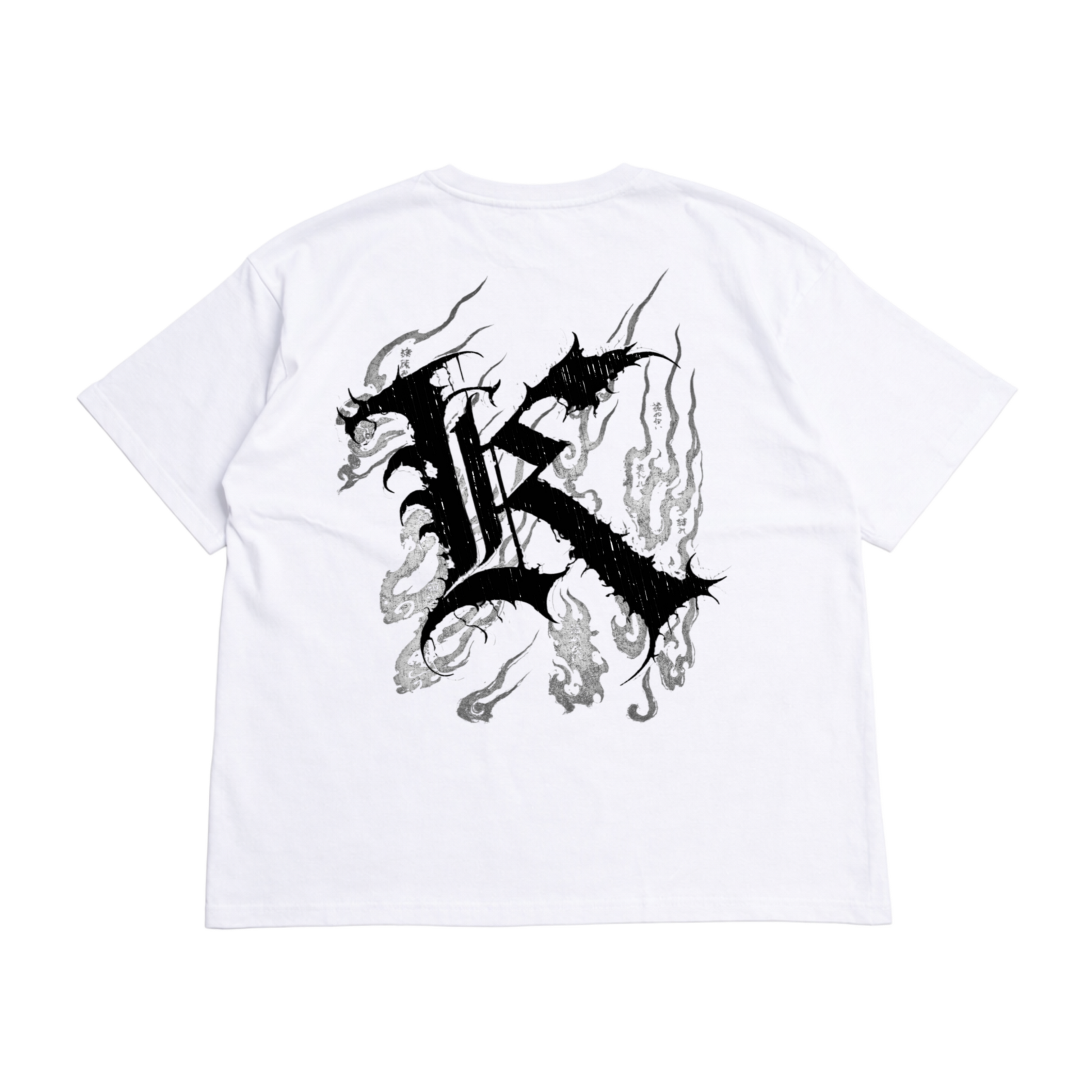 Back view of a white T-shirt with a black logo displaying black Japanese style flames and a black letter “K” and various Japanese text and black text reading “ROCK BOTTOM IS OUR RESURRECTION. TRAIN INSANE” 