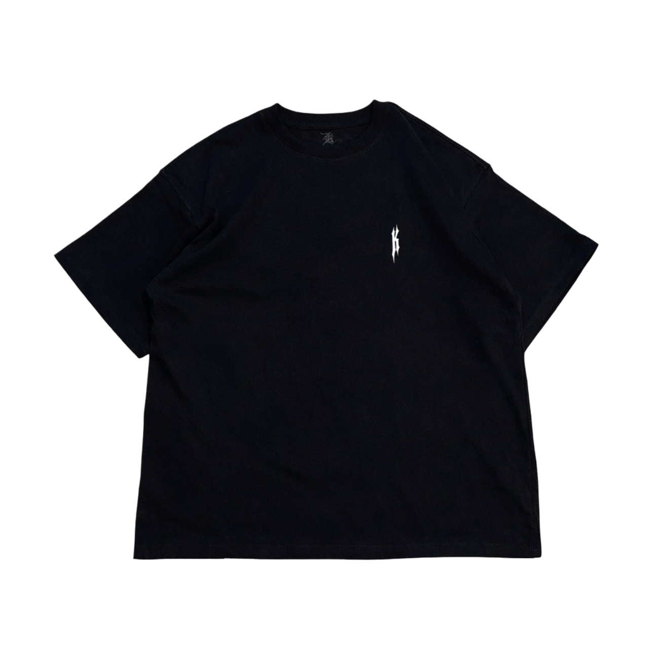 Black t-shirt with white letter “K” 
